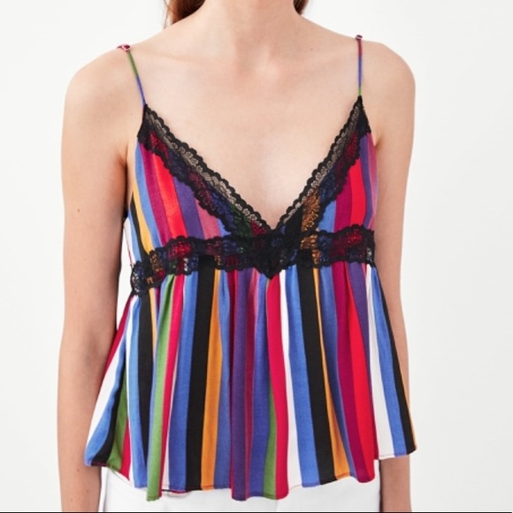 Zara Tops Zara Striped Tank Top With Black Lace Detail Poshmark